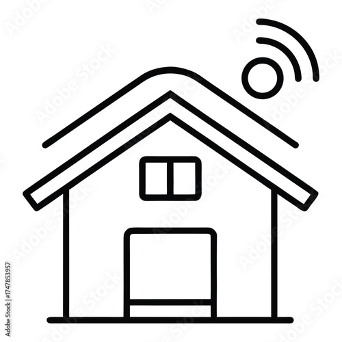 Simple line art icon representing a smart home with a wireless connectivity symbol.