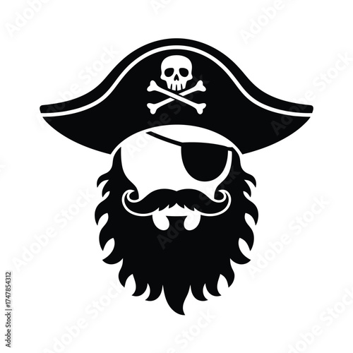 Black and white silhouette of a pirate with eyepatch and skull emblem