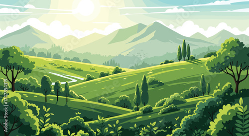 A vibrant pixel art landscape unfolds with rolling green hills and distant mountains under a bright sun.