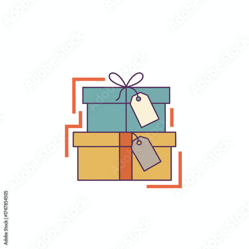 Illustration of two stacked gift boxes with tags and a ribbon.