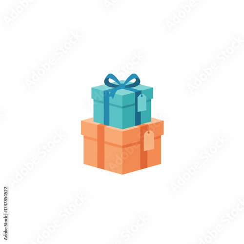 Two stacked gift boxes with tags and ribbon, surrounded by a decorative frame.