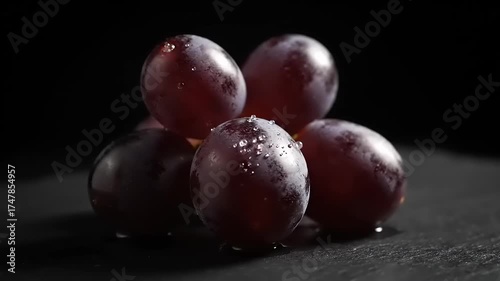 Close-up of fresh red grapes with water droplets on a dark stone surface