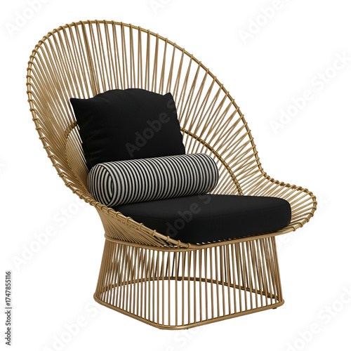 Woven rattan chair with black cushions and striped bolster pillow