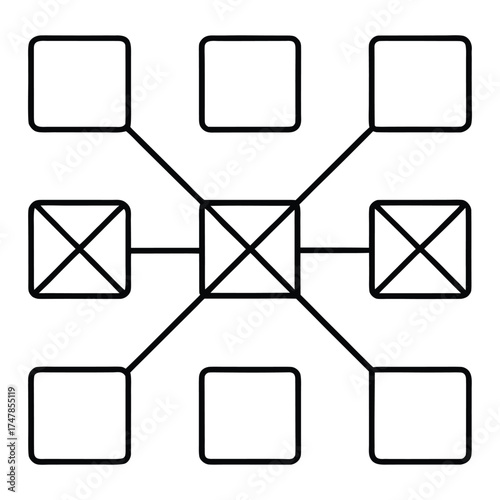 A simple network diagram showing a central hub connected to eight surrounding nodes.