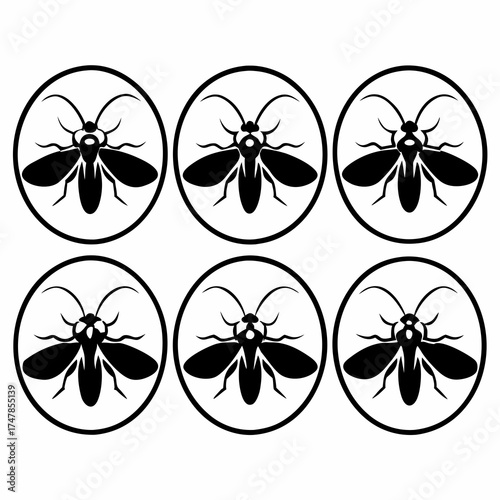 Six black fly silhouettes in circles, creating a pattern of insects on a white surface