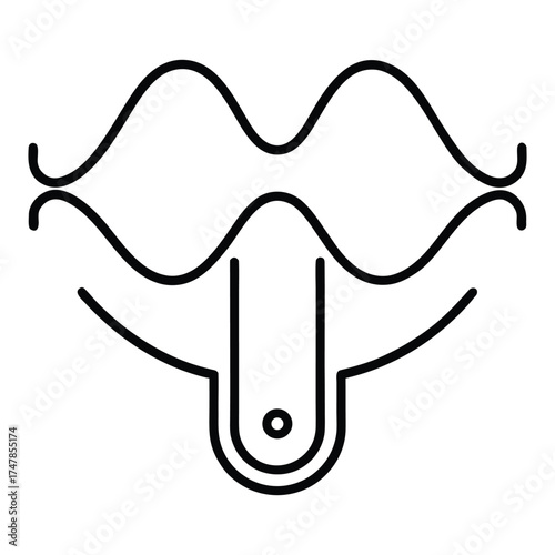 A minimalist black and white line art illustration of a mouth with a tongue piercing.