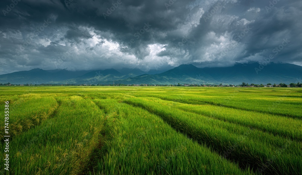 Naklejka premium Vast green agricultural field under dramatic stormy sky with mountains in distance