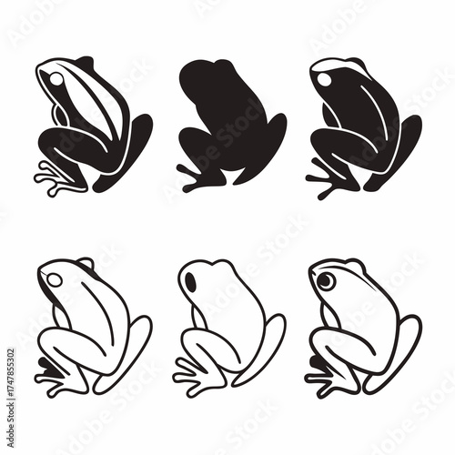 Collection of frog illustrations in various styles for design projects and decoration