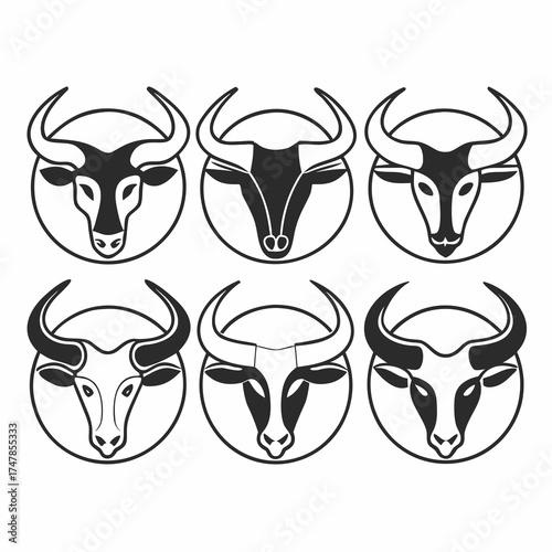 Collection of six bull head icons in a circle, , representing strength and determination
