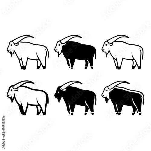 Collection of six goat icons in a side view, , representing agility and resilience