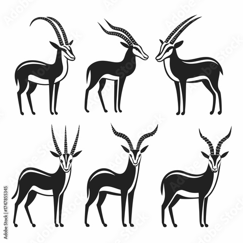 Six gazelle silhouettes, vector illustration of african animals in black and white