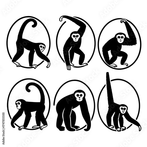 Collection of six gibbon silhouettes in various poses, showcasing their agility