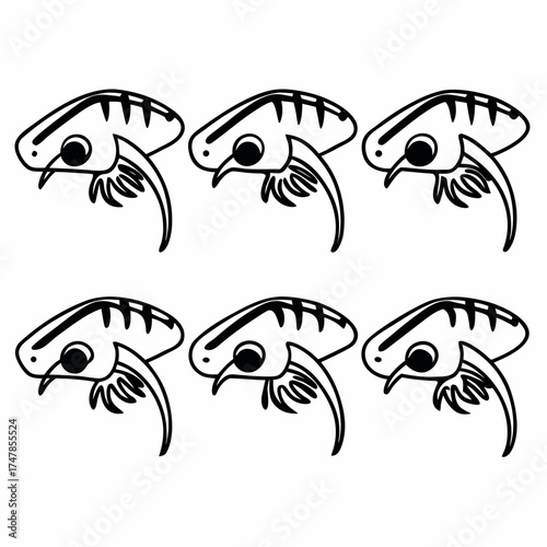 Collection of six mantis shrimp silhouettes, showcasing their powerful claws