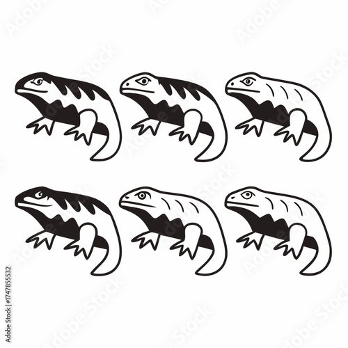 Illustration of six cartoon bearded dragons, vector format available