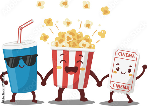 Cute Cartoon Popcorn, Soda, and Movie Ticket Friends Vector 