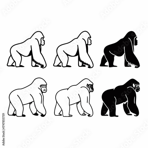 Set of gorilla icons in various styles vector illustration of primates