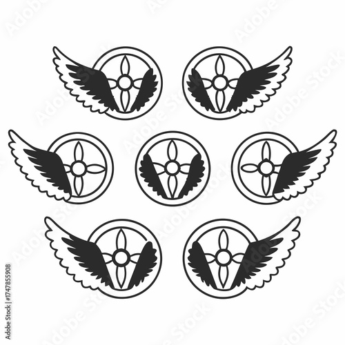 Seven winged wheel icons in black and white, vector illustration design