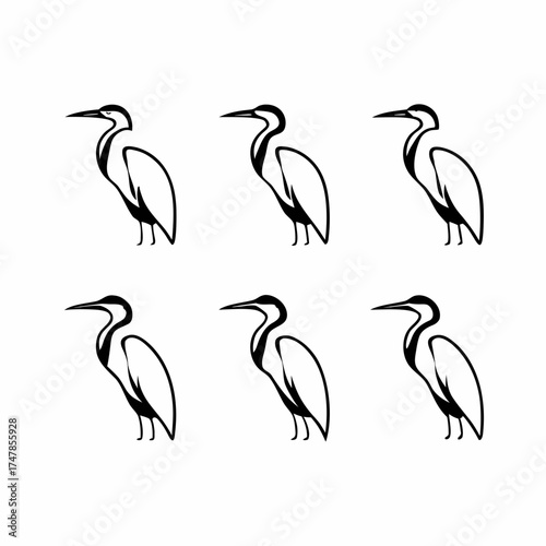 Six elegant herons standing gracefully, , showcasing their slender necks and poised stance