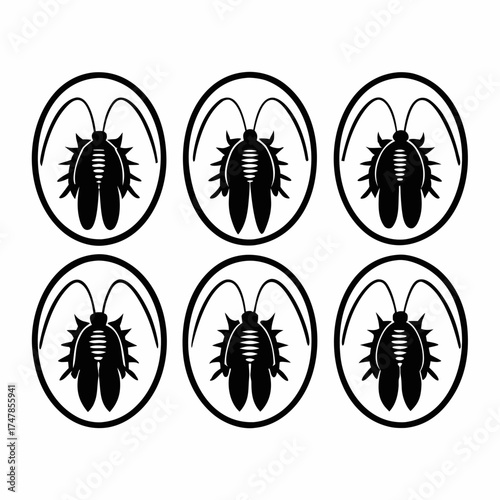 Six stylized cockroaches in oval frames, , creating a unique and eyecatching pattern