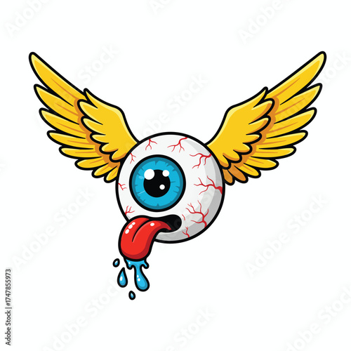 Whimsical Flying Eyeball with Dripping Tongue and Golden Wings.