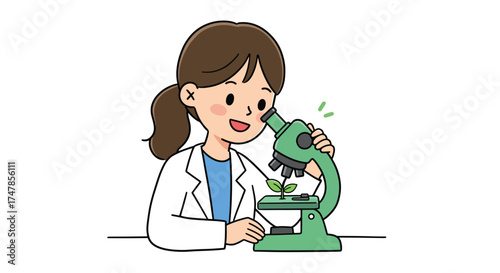 Young scientist observing a small plant through a microscope.