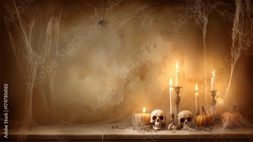 Halloween background featuring glowing candles, skulls, and pumpkins, creating an eerie atmosphere with spider webs and a warm, inviting glow for seasonal decor
