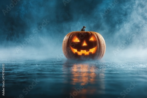 Carved pumpkin glowing topaz, partially submerged in water, surrounded by mist, creating an eerie atmosphere perfect for Halloween-themed visuals and seasonal decorations