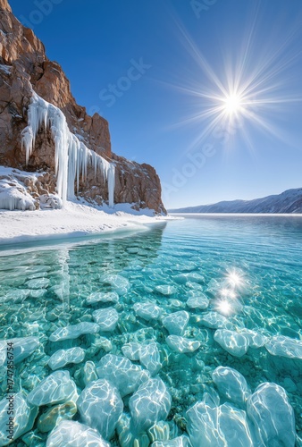 Turquoise alpine lake glimmering under bright sunlight, frozen rocky cliff adorned with hanging icicles, revealing pristine winter wilderness scenery