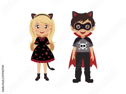 boy and girl wearing halloween costumes with difference character