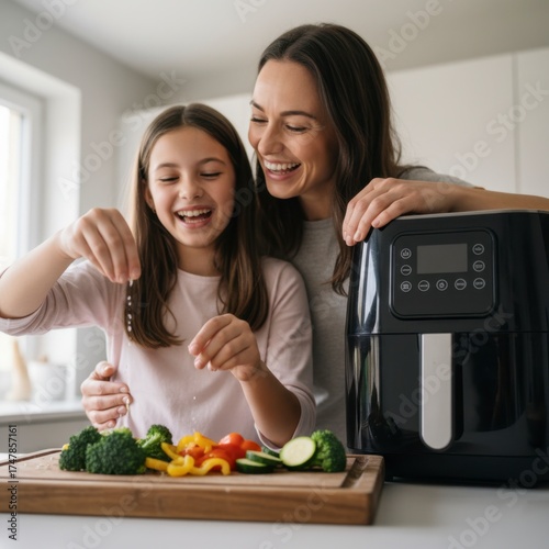 Happy mother and daughter laughing while preparing a fresh vegetable salad in the kitchen next to a white air fryer, emphasizing healthy lifestyle.

