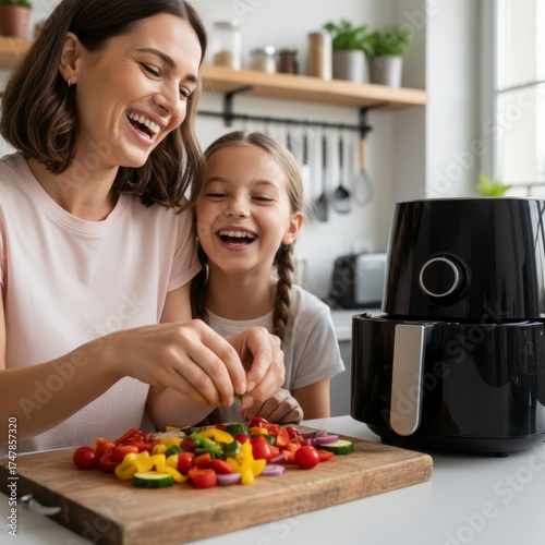 Happy mother and daughter laughing while preparing a fresh vegetable salad in the kitchen next to a white air fryer, emphasizing healthy lifestyle.

