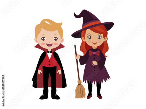 boy and girl wearing halloween costumes with difference character