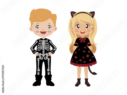 boy and girl wearing halloween costumes with difference character