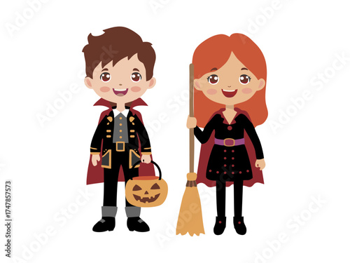 boy and girl wearing halloween costumes with difference character