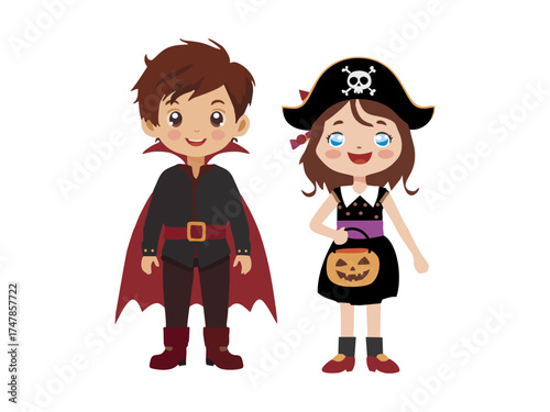 boy and girl wearing halloween costumes with difference character