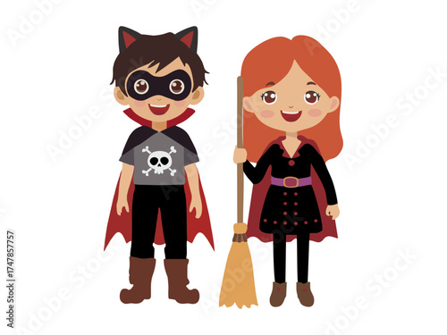 boy and girl wearing halloween costumes with difference character