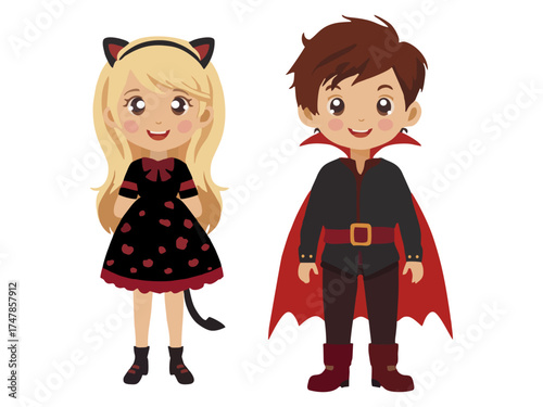 boy and girl wearing halloween costumes with difference character