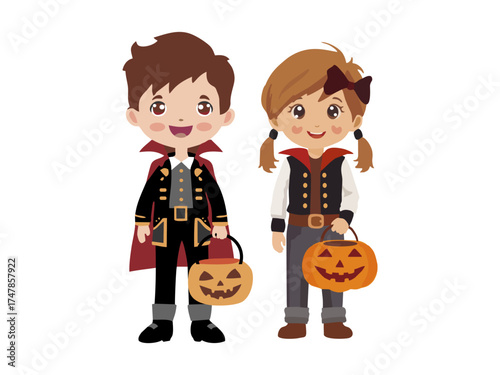 boy and girl wearing halloween costumes with difference character