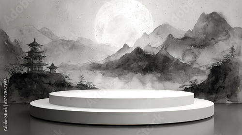 Ink - Wash Style Landscape with Full Moon and Ancient Pavilion