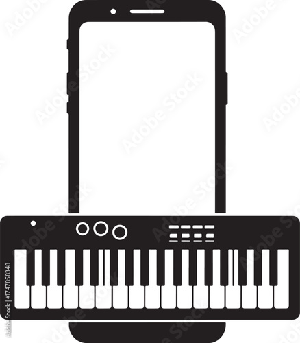 Black silhouette of a smartphone with a digital piano keyboard isolated on white background