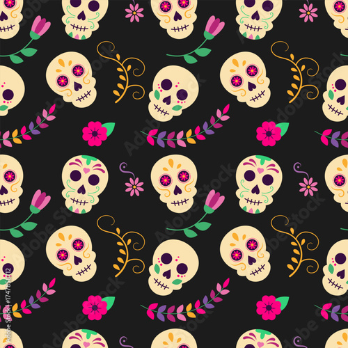 Seamless repeating pattern with sugar skulls for Day of the Dead on a black background. Vector illustration.