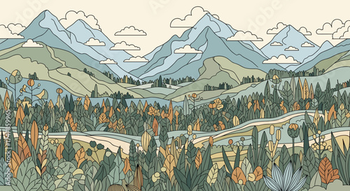 A breathtaking panoramic view of rolling hills adorned with a vibrant autumnal forest landscape under a majestic mountain range and a clear sky with scattered clouds.