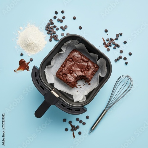 Top-down view of a chocolate brownie baked inside an air fryer basket, surrounded by ingredients and a whisk on a blue baking background.
