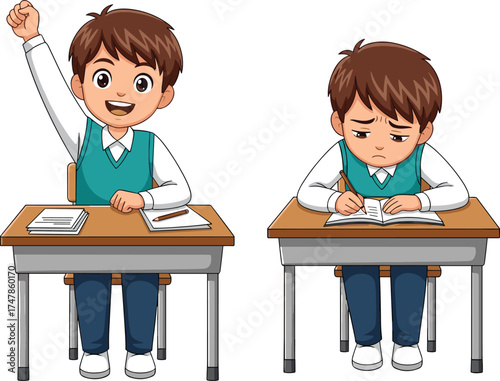 Cartoon boys sitting at desks with happy and frustrated expressions, classroom scene, learning emotions, school activity, education, study, mood