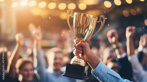 Hand holding a gold trophy in front of a cheering crowd at an awards ceremony event