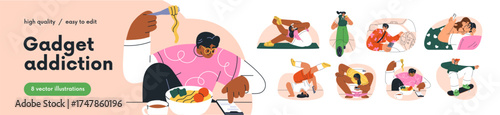 Gadget addiction concept. Unhealthy bad habit. People using mobile phones, spending time online during eating, workout. Digital device addicted. Flat vector illustration isolated on white background
