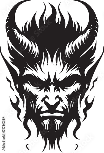 Bold devil face with horns and flame hair tattoo design for edgy brand identity