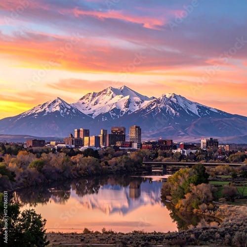 Albuquerque Skyline at Sunset with Sandia Mountains Backdrop.