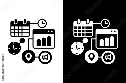 Black and White Social Media Icons — Management, Analytics, Engagement.
