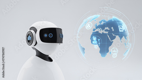 Robot wearing vr headset looking at digital globe isolated on white background